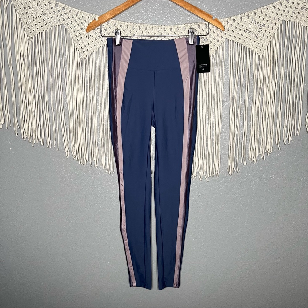 Lanston Sport Navy Leggings with Pink Side Stripes